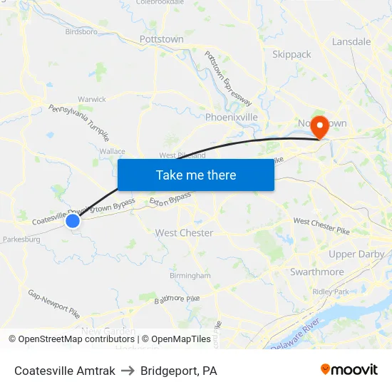 Coatesville Amtrak to Bridgeport, PA map