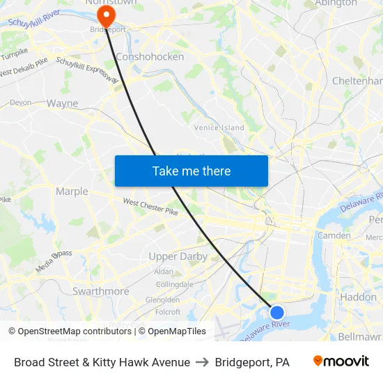 Broad Street & Kitty Hawk Avenue to Bridgeport, PA map