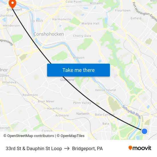 33rd St & Dauphin St Loop to Bridgeport, PA map