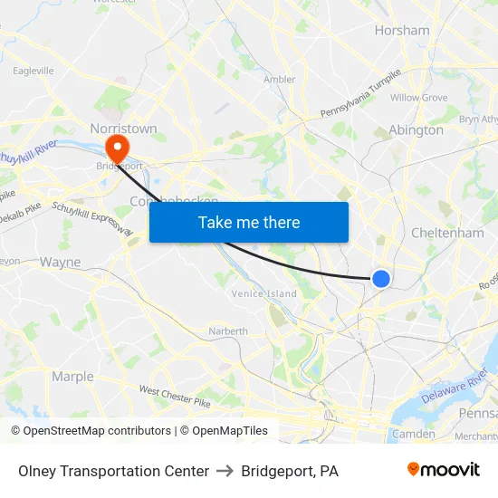 Olney Transportation Center to Bridgeport, PA map