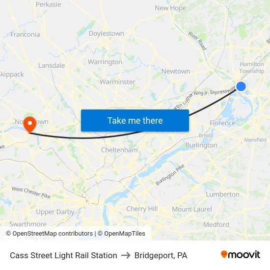 Cass Street Light Rail Station to Bridgeport, PA map
