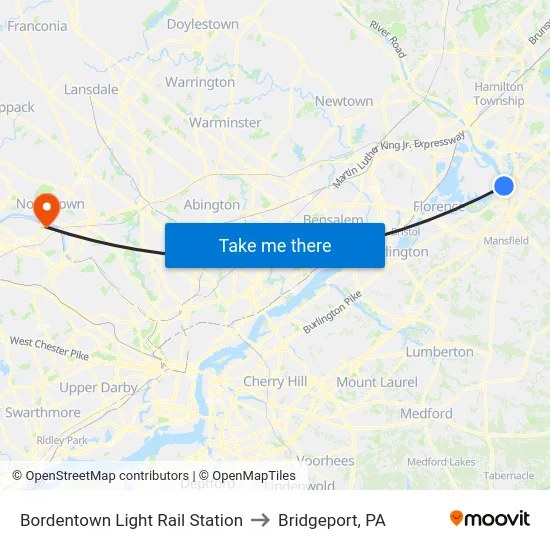 Bordentown Light Rail Station to Bridgeport, PA map