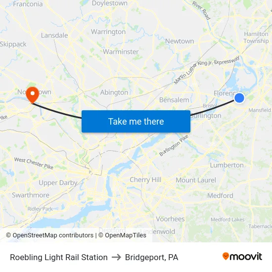Roebling Light Rail Station to Bridgeport, PA map
