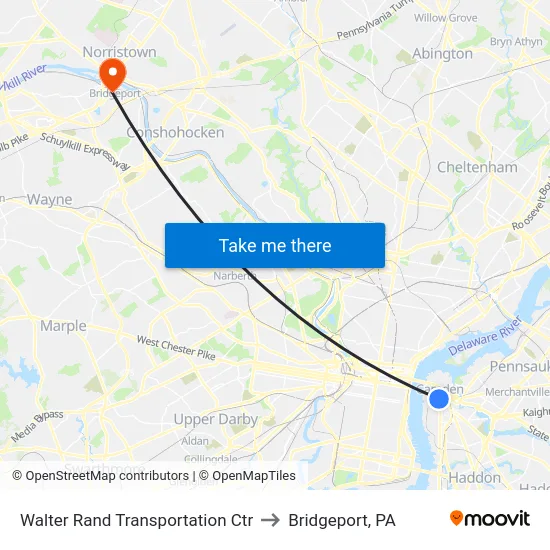 Walter Rand Transportation Ctr to Bridgeport, PA map