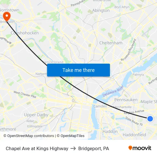 Chapel Ave at Kings Highway to Bridgeport, PA map