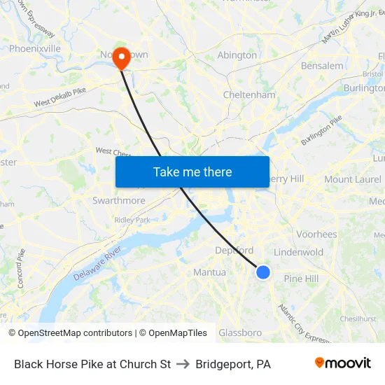Black Horse Pike at Church St to Bridgeport, PA map