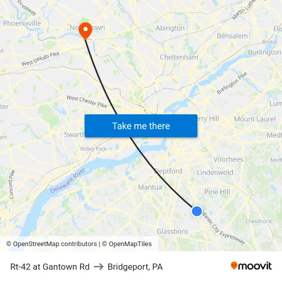 Rt-42 at Gantown Rd to Bridgeport, PA map