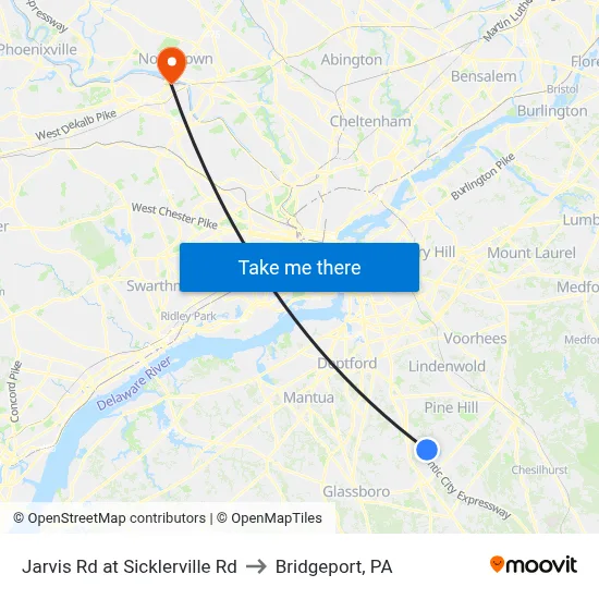 Jarvis Rd at Sicklerville Rd to Bridgeport, PA map