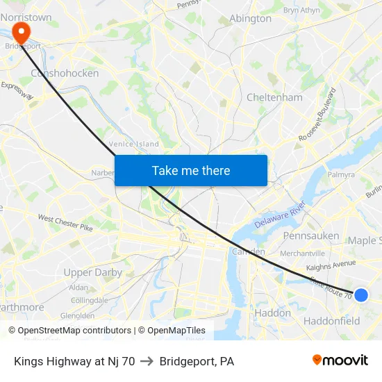 Kings Highway at Nj 70 to Bridgeport, PA map