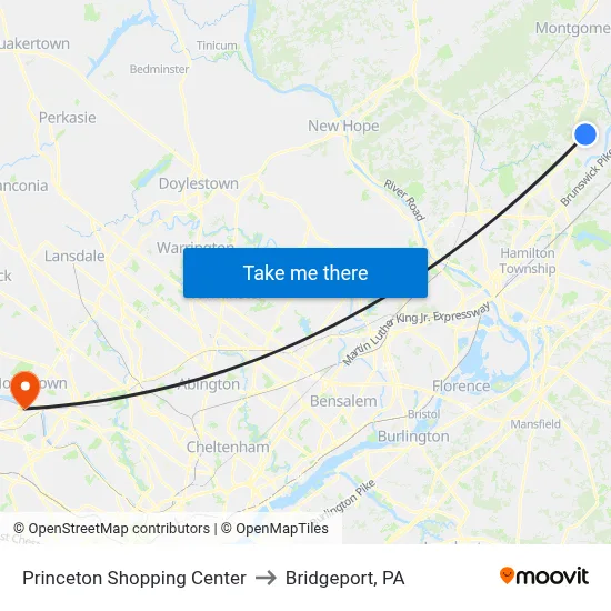 Princeton Shopping Center to Bridgeport, PA map
