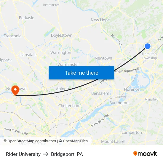 Rider University to Bridgeport, PA map