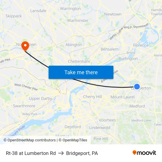 Rt-38 at Lumberton Rd to Bridgeport, PA map