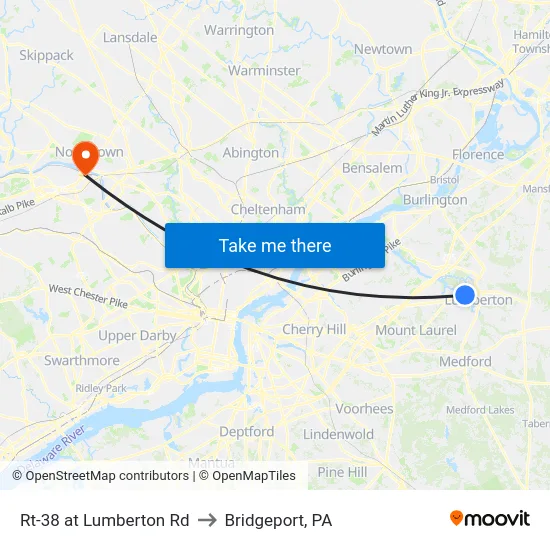 Rt-38 at Lumberton Rd to Bridgeport, PA map