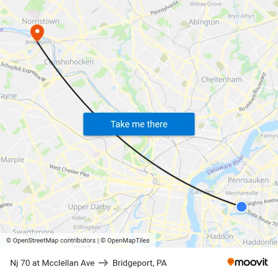 Nj 70 at Mcclellan Ave to Bridgeport, PA map