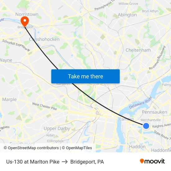 Us-130 at Marlton Pike to Bridgeport, PA map