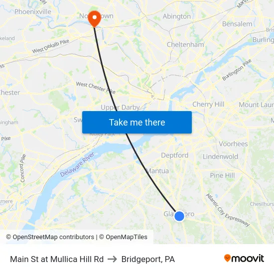 Main St at Mullica Hill Rd to Bridgeport, PA map