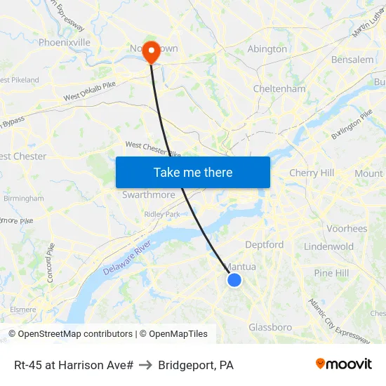 Rt-45 at Harrison Ave# to Bridgeport, PA map