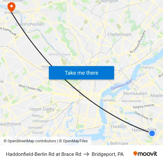 Haddonfield-Berlin Rd at Brace Rd to Bridgeport, PA map