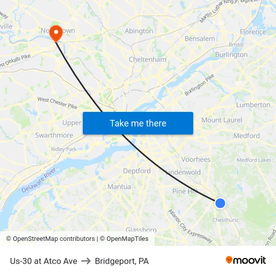 Us-30 at Atco Ave to Bridgeport, PA map