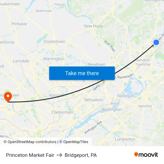 Princeton Market Fair to Bridgeport, PA map