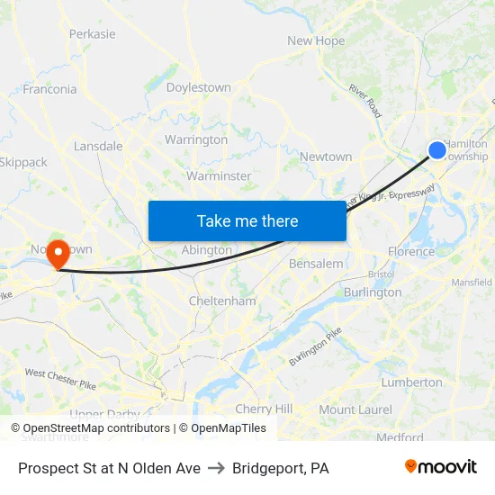 Prospect St at  N Olden Ave to Bridgeport, PA map