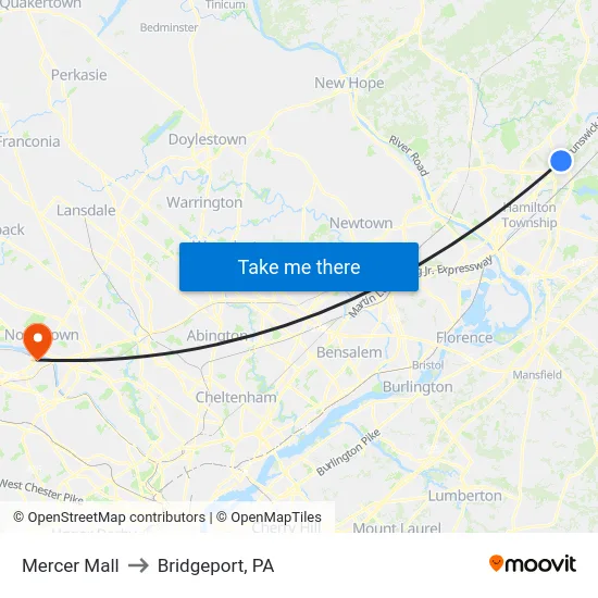 Mercer Mall to Bridgeport, PA map