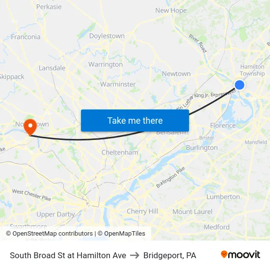 South Broad St at Hamilton Ave to Bridgeport, PA map
