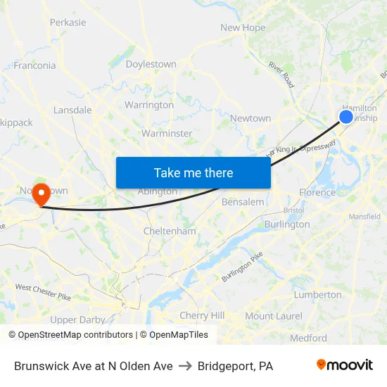 Brunswick Ave at N Olden Ave to Bridgeport, PA map