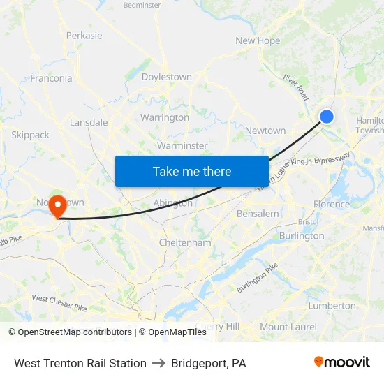 West Trenton Rail Station to Bridgeport, PA map