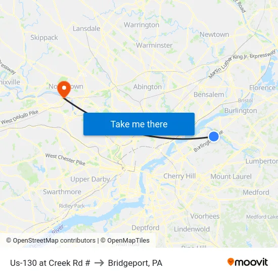 Us-130 at Creek Rd # to Bridgeport, PA map