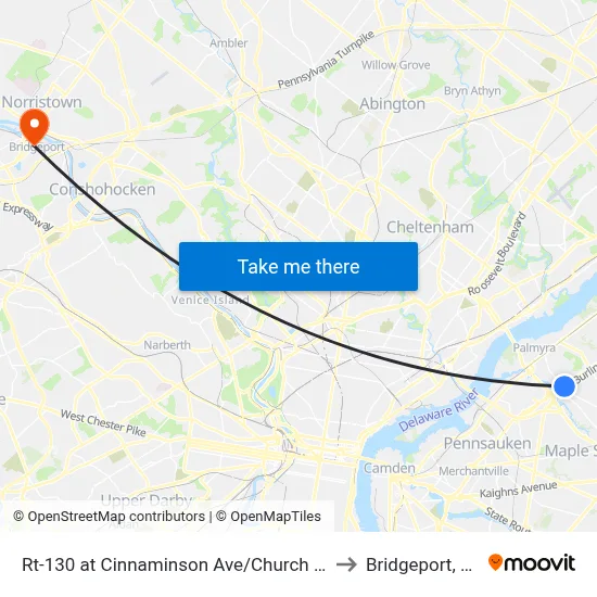 Rt-130 at Cinnaminson Ave/Church Rd to Bridgeport, PA map