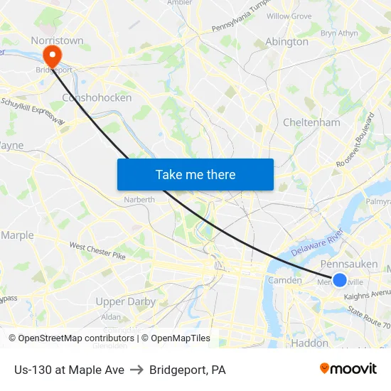 Us-130 at Maple Ave to Bridgeport, PA map