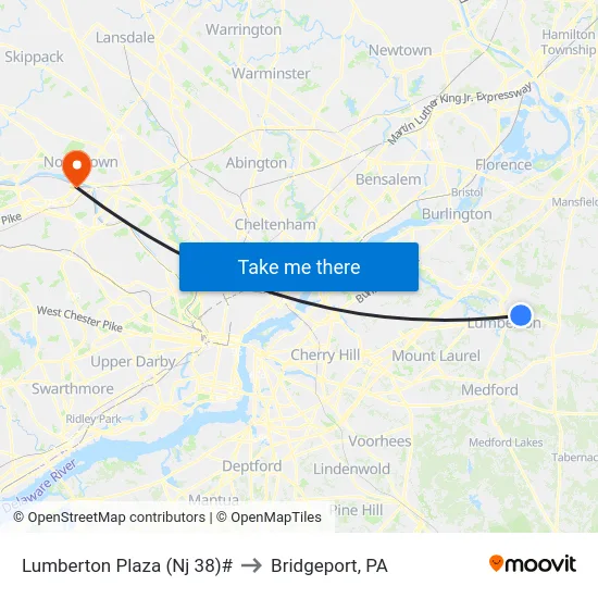 Lumberton Plaza (Nj 38)# to Bridgeport, PA map