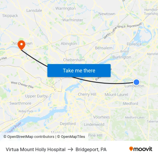 Virtua Mount Holly Hospital to Bridgeport, PA map