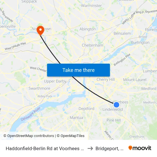 Haddonfield-Berlin Rd at Voorhees Dr to Bridgeport, PA map
