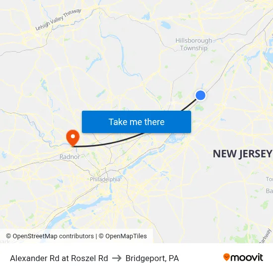 Alexander Rd at Roszel Rd to Bridgeport, PA map