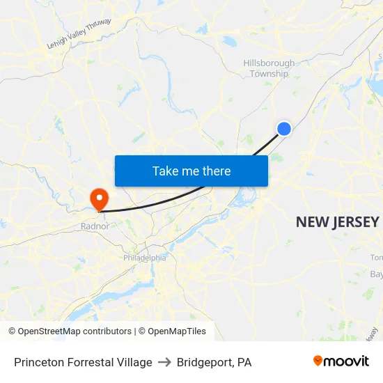 Princeton Forrestal Village to Bridgeport, PA map