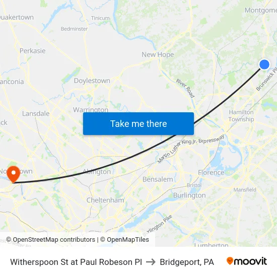Witherspoon St at Paul Robeson Pl to Bridgeport, PA map