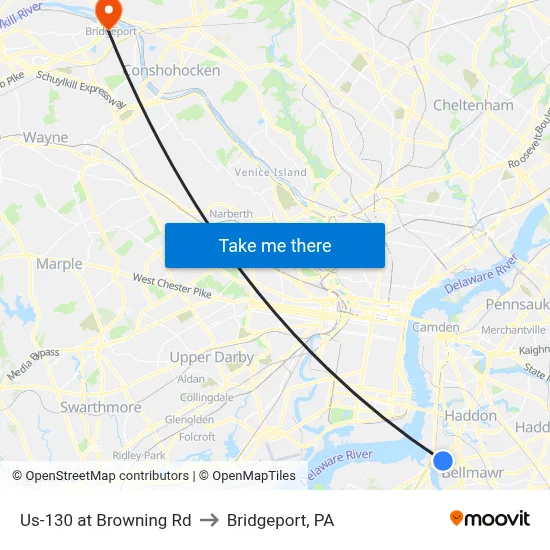 Us-130 at Browning Rd to Bridgeport, PA map