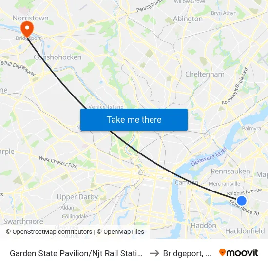 Garden State Pavilion/Njt Rail Station to Bridgeport, PA map