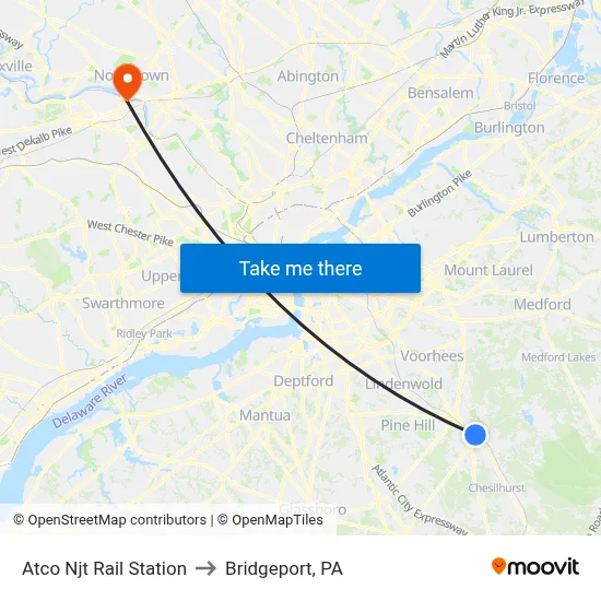 Atco Njt Rail Station to Bridgeport, PA map