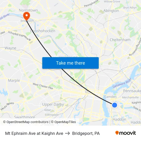 Mt Ephraim Ave at Kaighn Ave to Bridgeport, PA map
