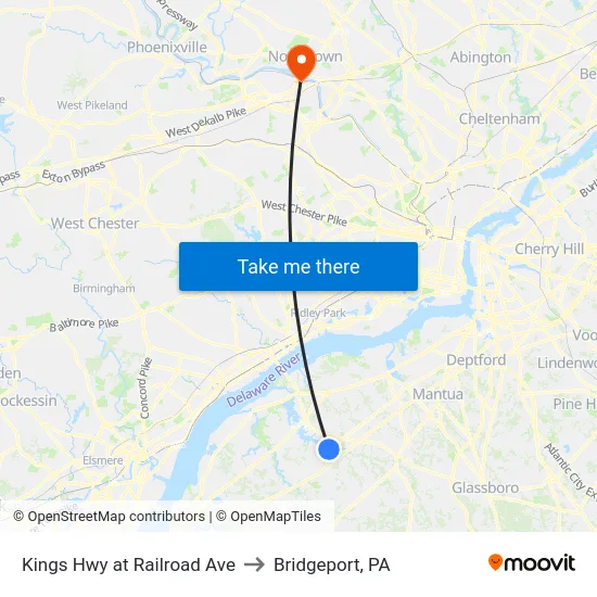 Kings Hwy at Railroad Ave to Bridgeport, PA map