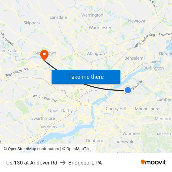 Us-130 at Andover Rd to Bridgeport, PA map