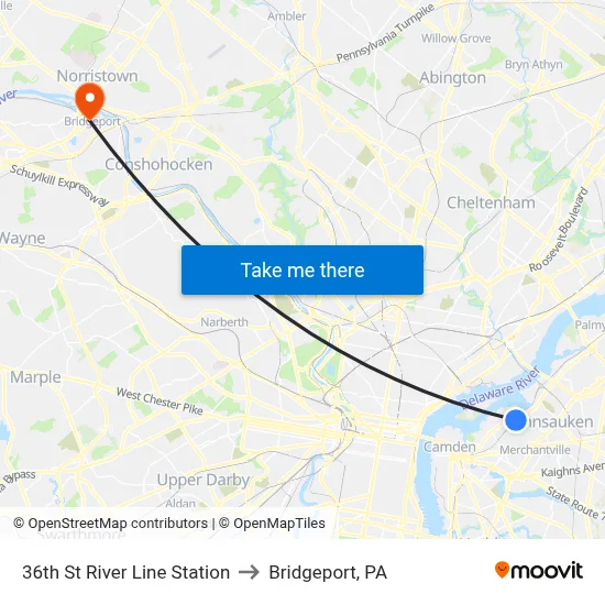 36th St River Line Station to Bridgeport, PA map