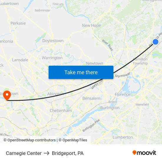 Carnegie Center to Bridgeport, PA map