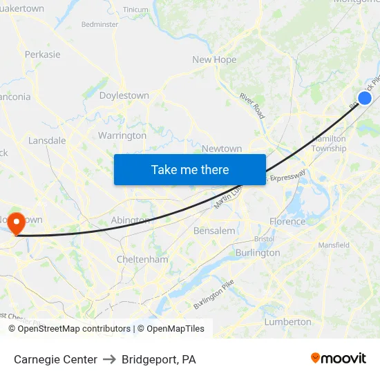 Carnegie Center to Bridgeport, PA map