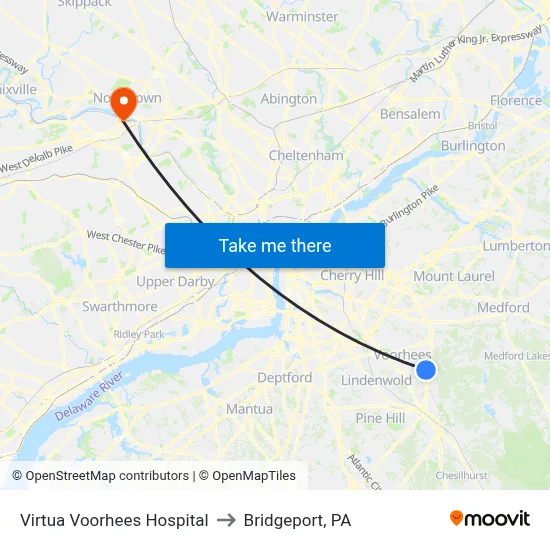 Virtua Voorhees Hospital to Bridgeport, PA map