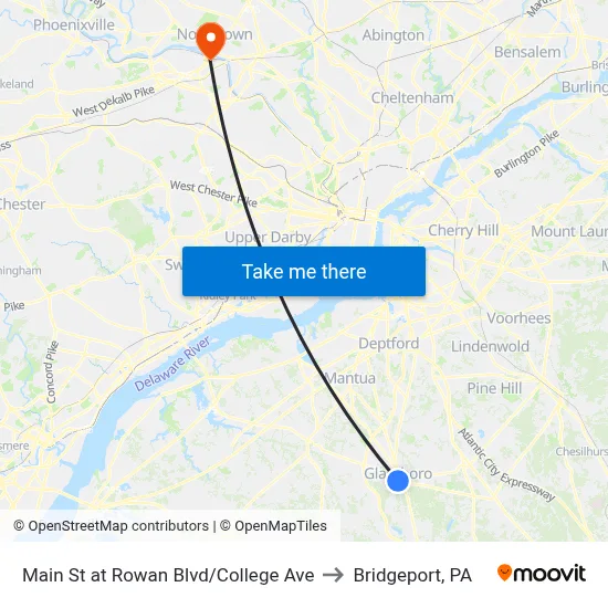 Main St at Rowan Blvd/College Ave to Bridgeport, PA map