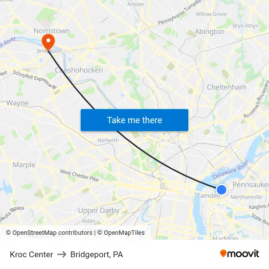 Kroc Center to Bridgeport, PA map